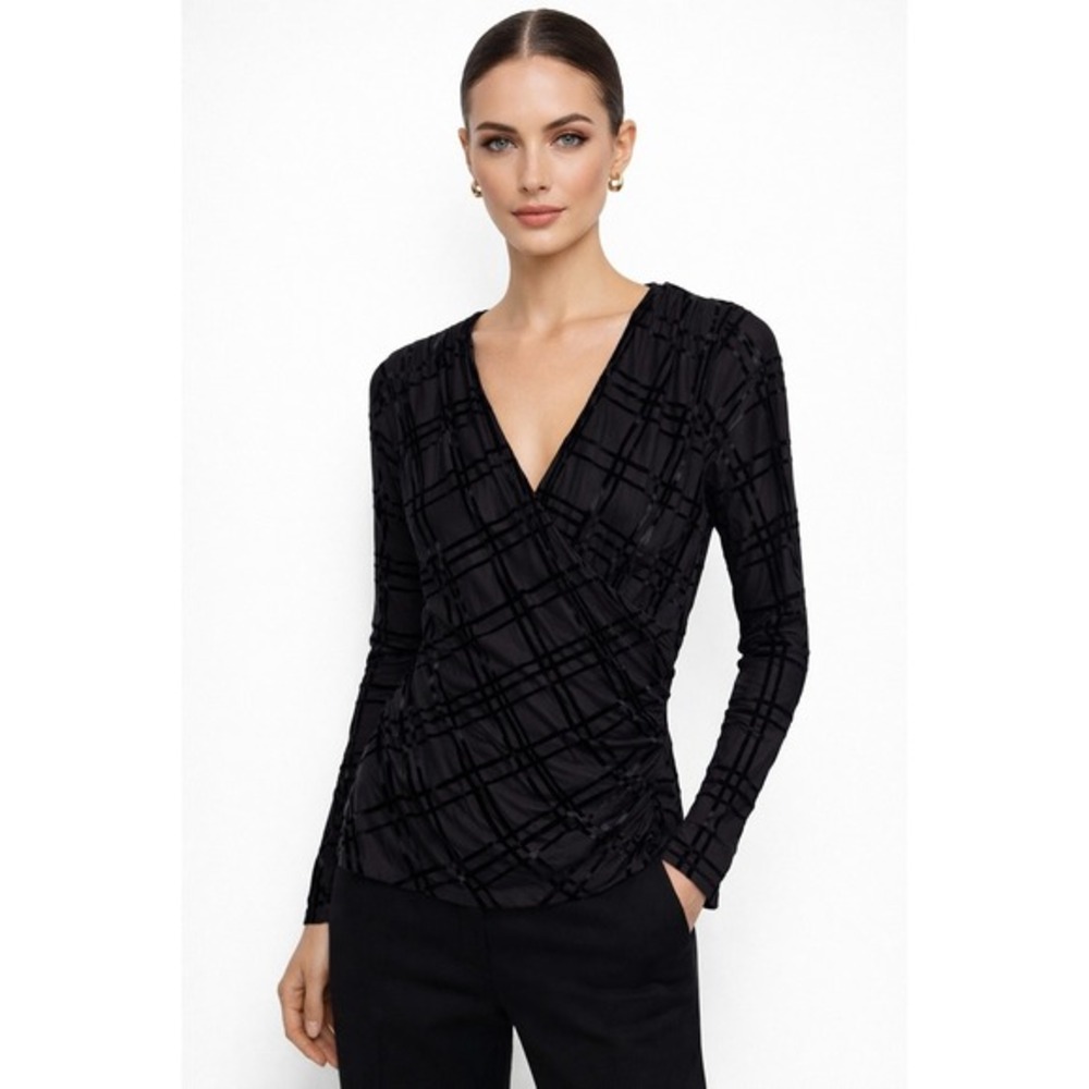 Montgomery Post Womens Black‎ Velvet Burnout Plaid Mesh Wrap Top Medium NWT